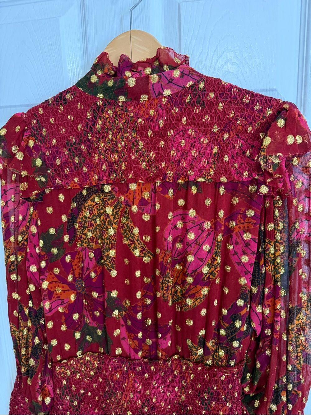 Farm Rio Banana Flowers Mini Dress Long Sleeve Ruffled Maroon Gold Size Medium - Picture 11 of 15